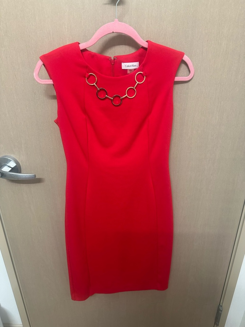 Calvin Klein Red Midi Sheath Dress with Gold Ring Necklace Detail size 2